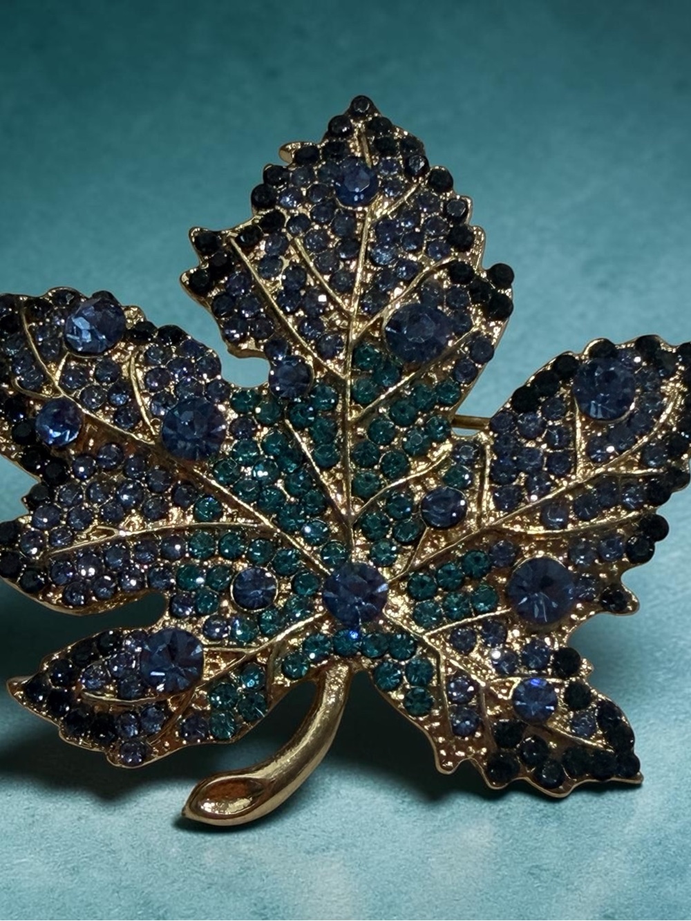 Gold-Tone Blue & Teal Crystal Leaf Brooch